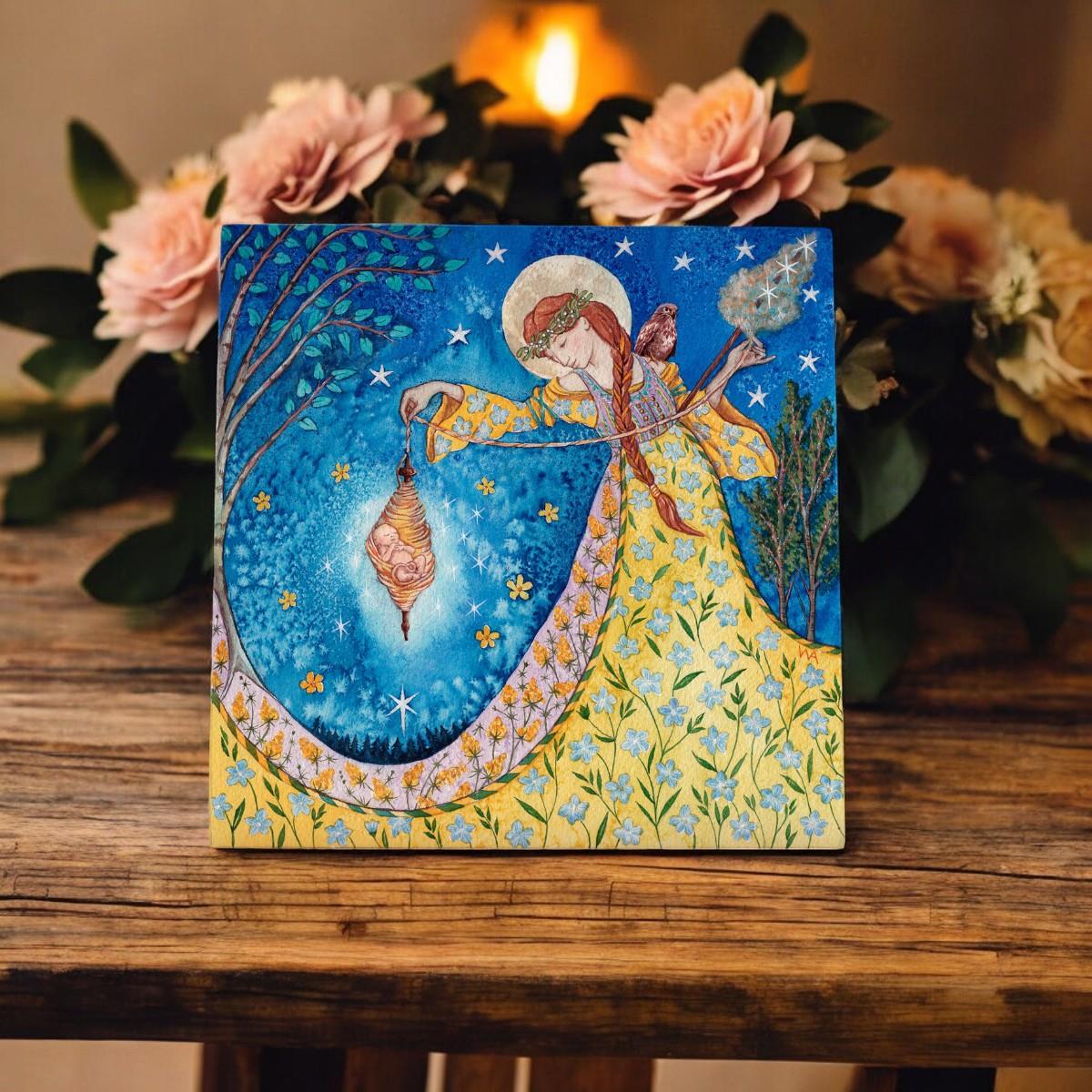 Goddess Frigg Birth Ceramic Art Tile by Wendy Andrew – 20x20 cm Wall Hanging – Mystical Norse Mythology Decor