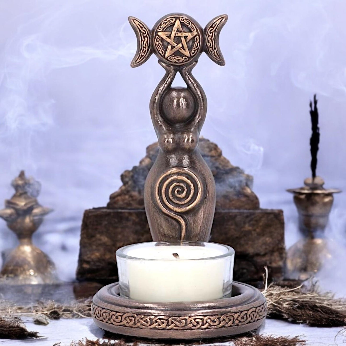 Triple Goddess Tealight Holder Wiccan Altar Decor Pagan Spiritual Alter ornament Statue