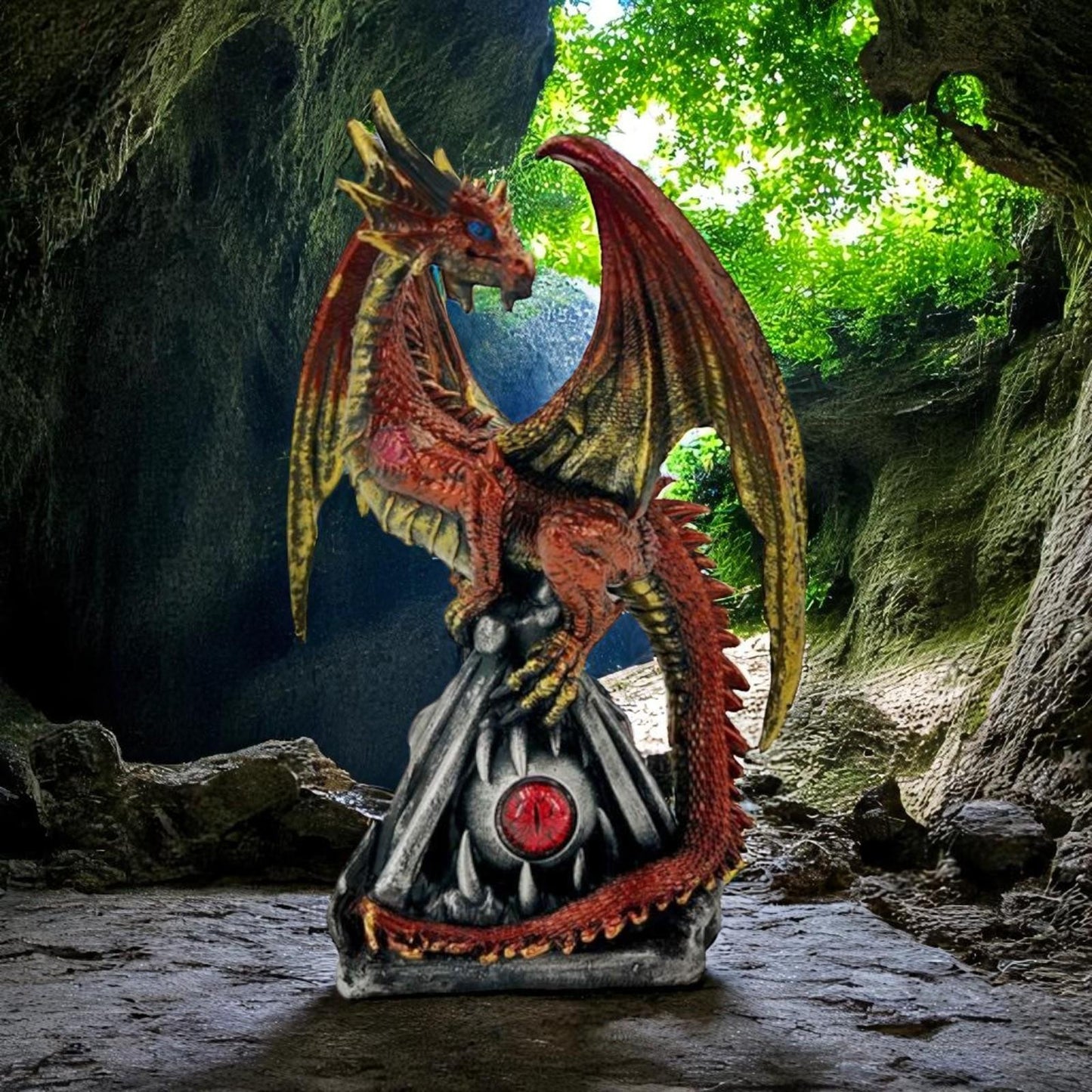 Red Gold Dragon Figurine 16.5cm | Fantasy Resin Dragon Ornament on Claw Base with Eye | Gothic Home Decor