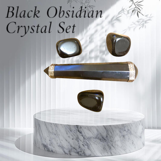 Black Obsidian Crystal Set with Tumbled Stones, Healing Wand, & Protective Pouch