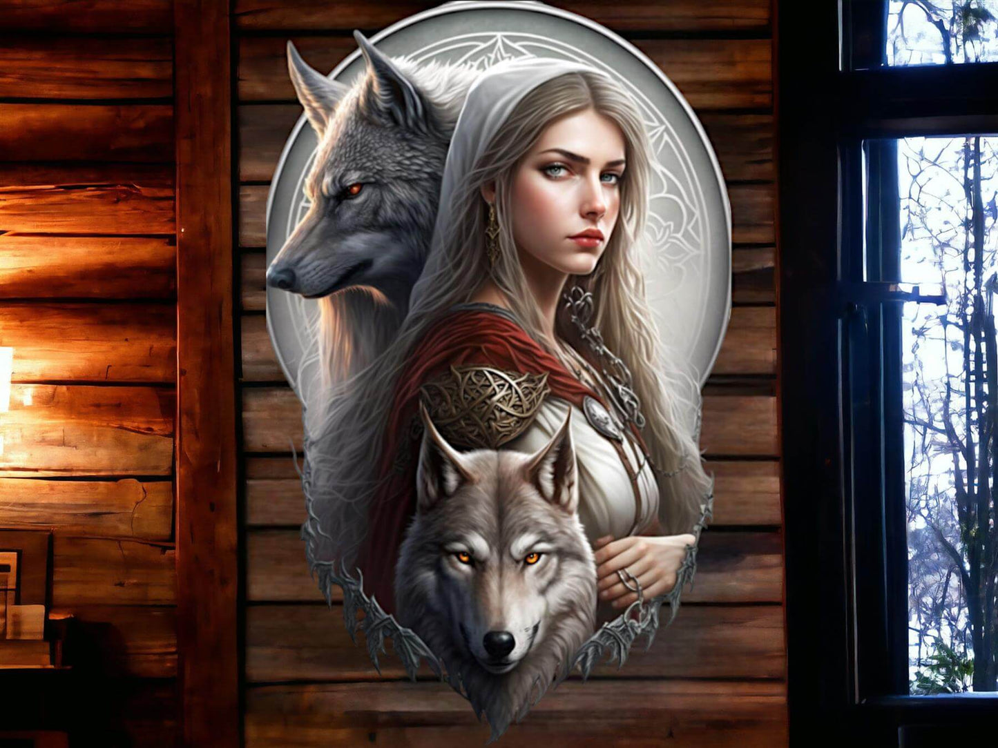 Majestic Northern Protector Metal Wall Sign - Noble Wolf and Warrior Princess Art, Legendary Fantasy Wall Decor for Enthusiasts-Osiris Craftworks