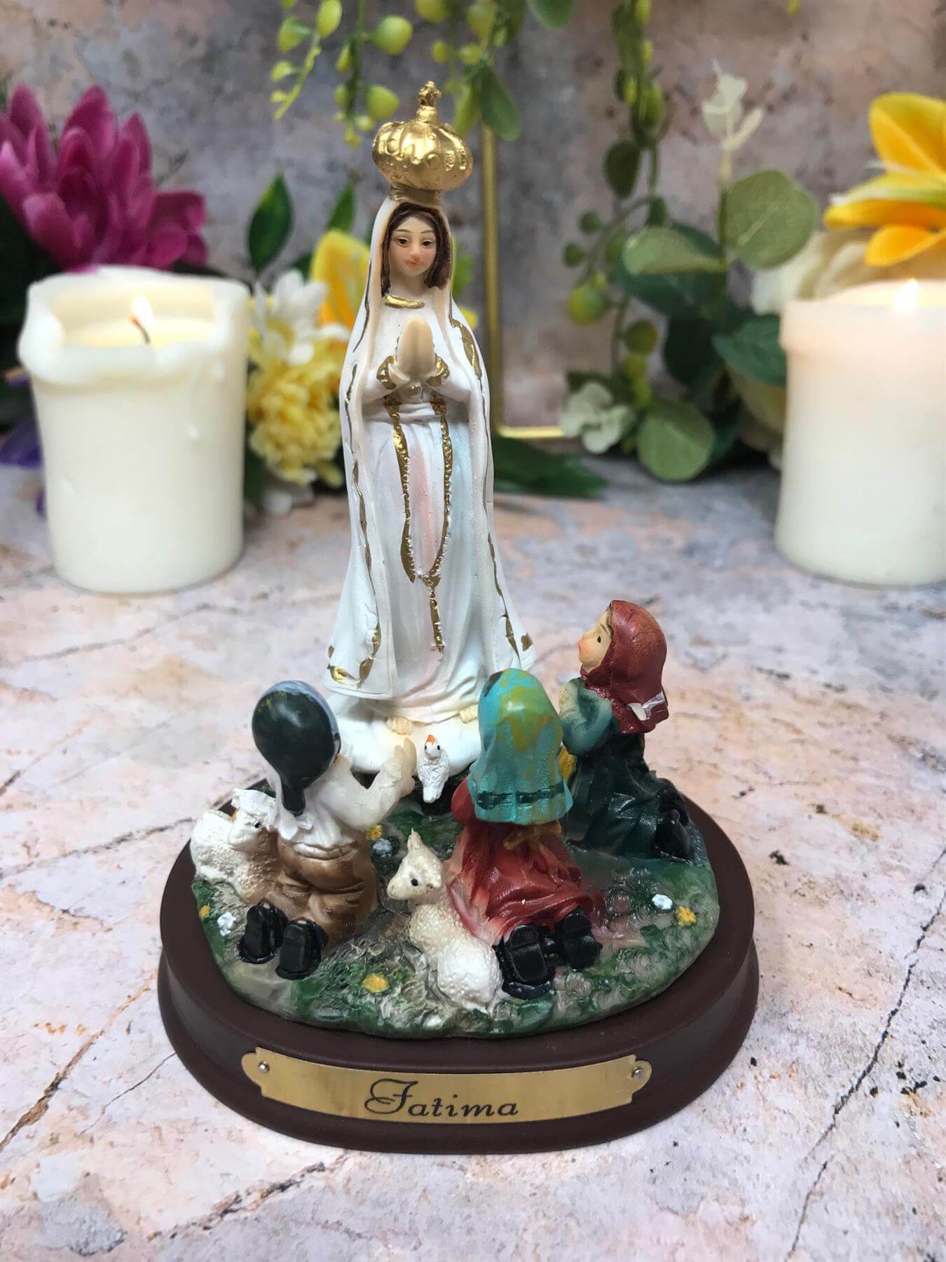 Blessed Virgin Mary Sculpture Our Lady of Fatima with Children Statue Ornament Figurine-Osiris Craftworks