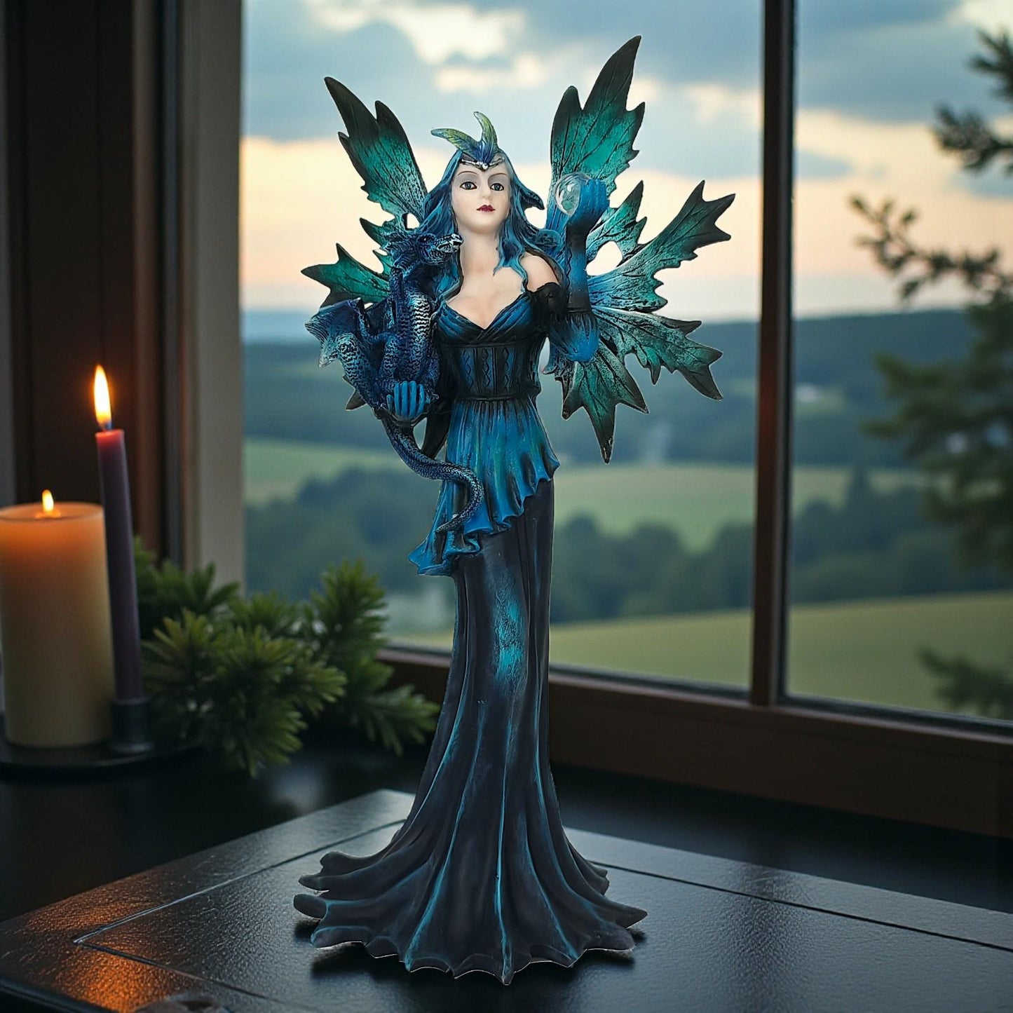 Midnight Fairy and Dragon Figurine Gothic Fantasy Statue Mythical Ornament