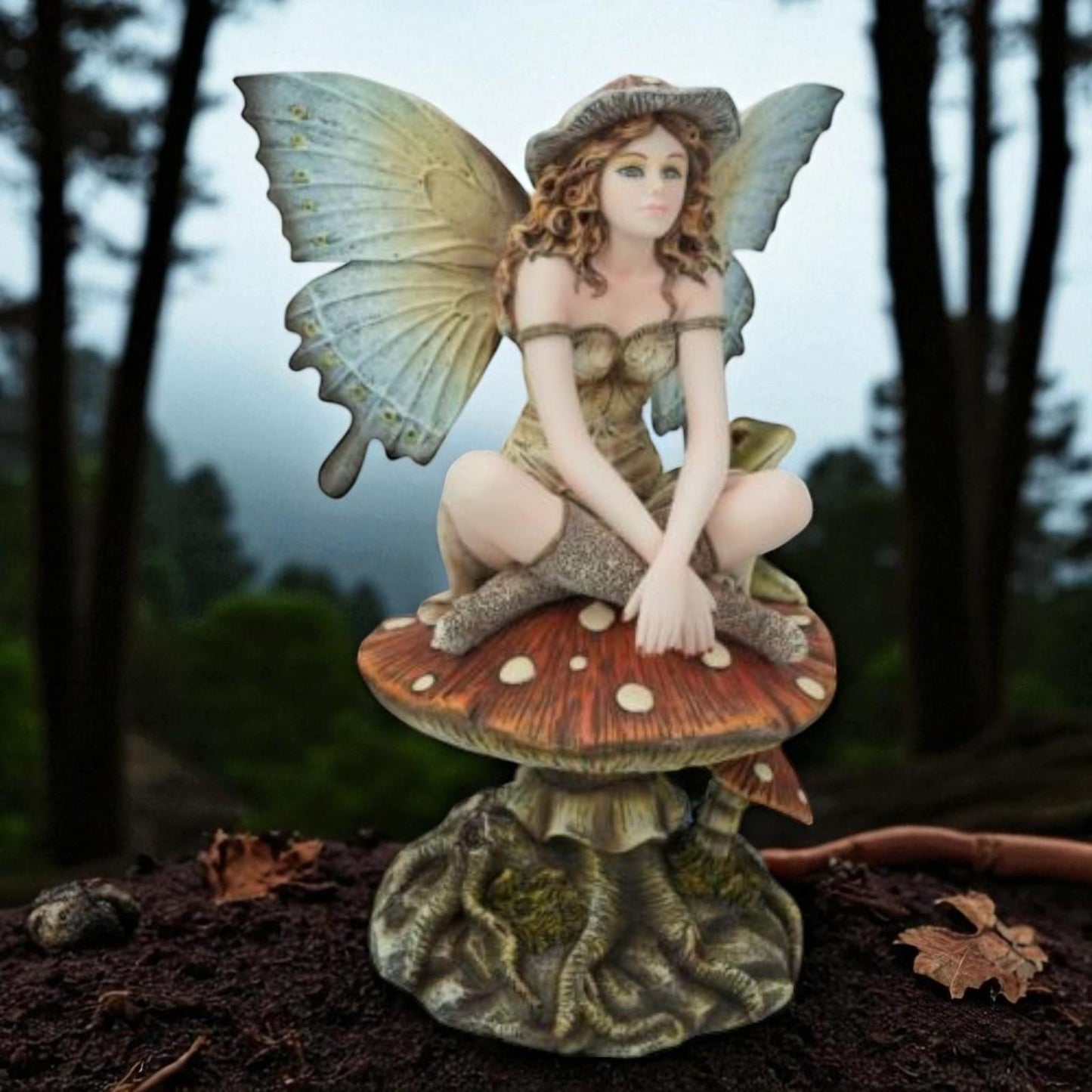 Mushroom Fairy Ornament 22cm Resin Fantasy Figurine Mystical Woodland Elf Sculpture
