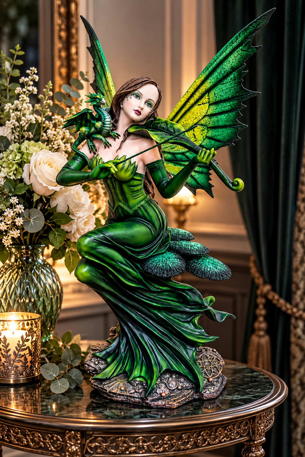 Emerald Green Fairy Dragon Figurine 55cm Woodland Fantasy Violin Statue Decor