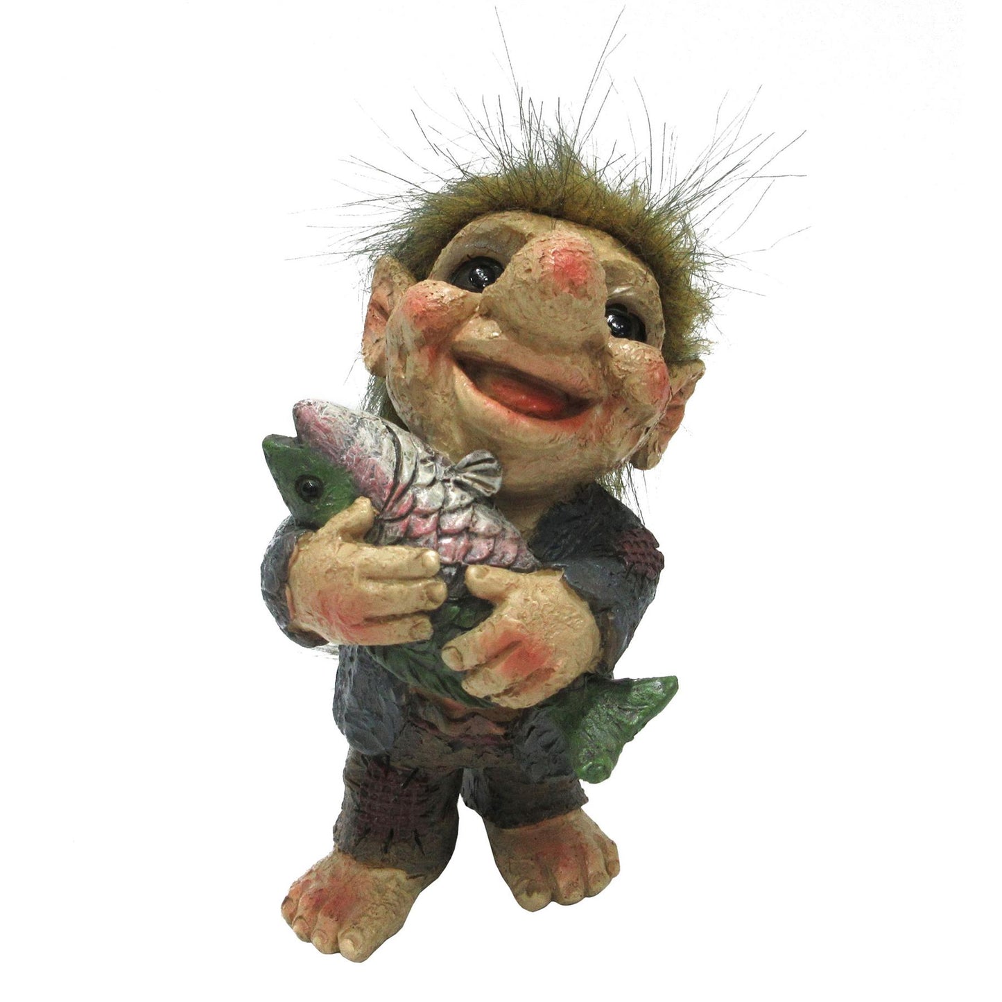 Nordic Troll with Fish Figurine Cute Resin Fantasy Ornament Mythical Folk Decor