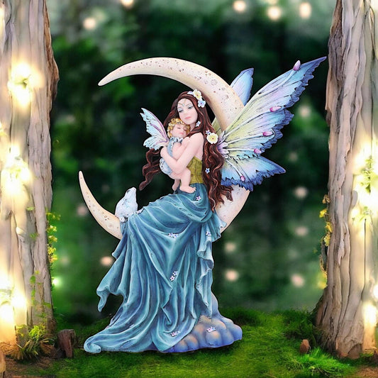 Mystical Fairy with Baby Sitting on Crescent Moon Ornament Fantasy Resin Statue