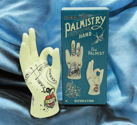 Palmistry Tattoo Hand Sculpture – Resin Fortune Telling Decor – Mystical Palmistry Guide – 22.5 cm Ornament