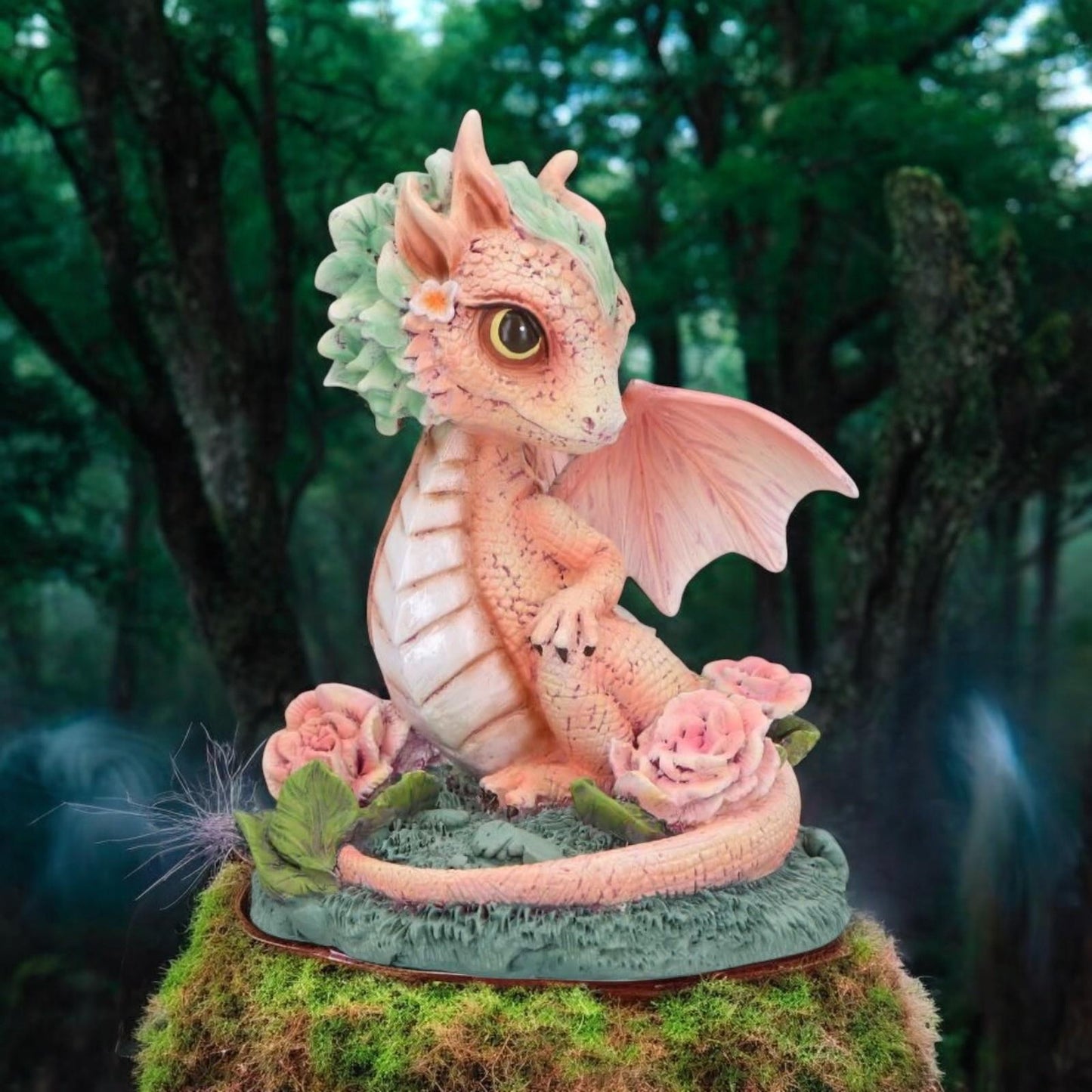 Adorable Baby Dragon Figurine Pink & Green with Roses – Fantasy Resin Ornament 11cm