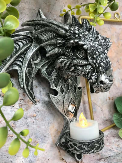 Novelty Gothic Dragon Head Candle Holder with LED Light Candle Wall Plaque Fantasy Art