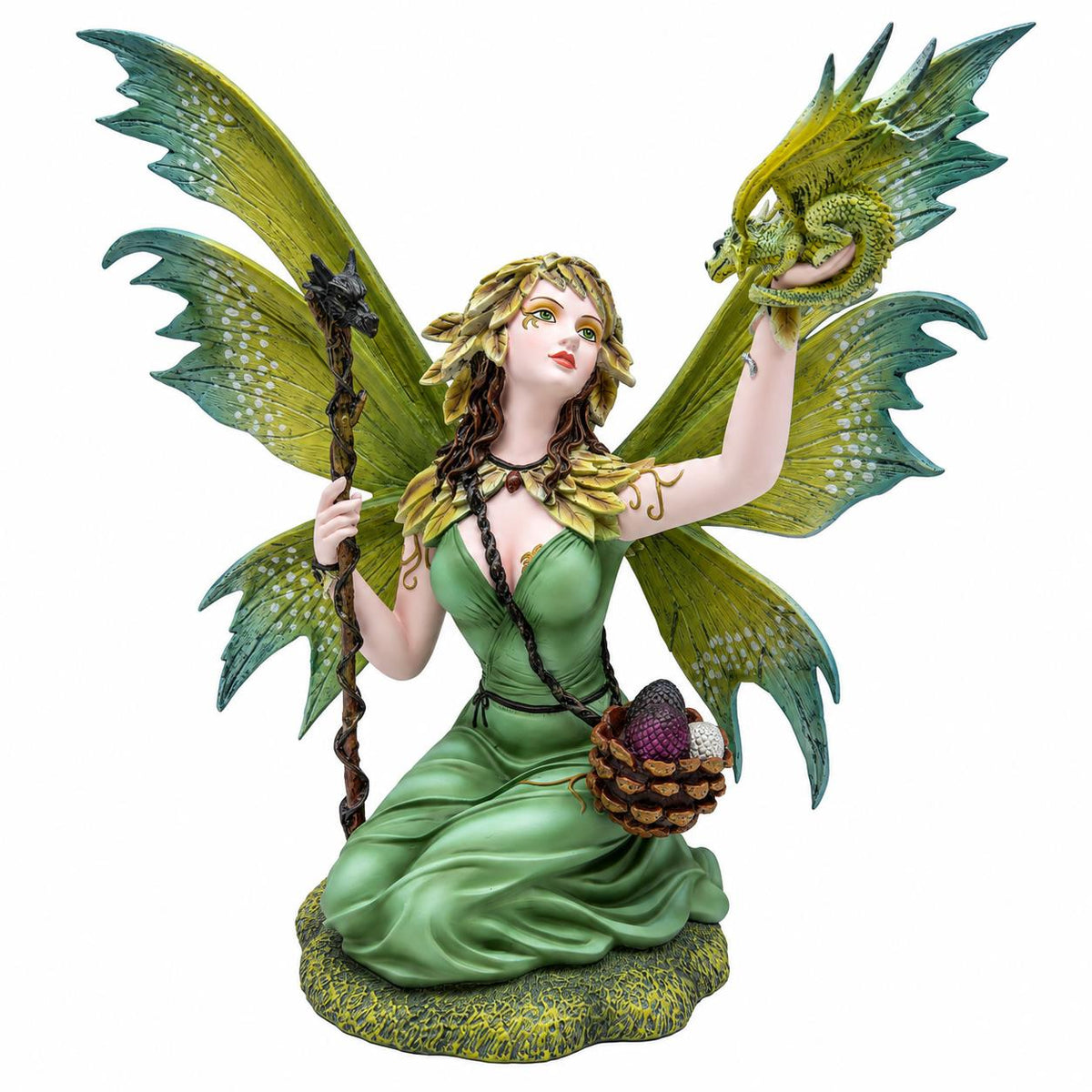 Woodland Green Fairy Dragon Statue 39cm Gothic Fantasy Figurine Home Ornament