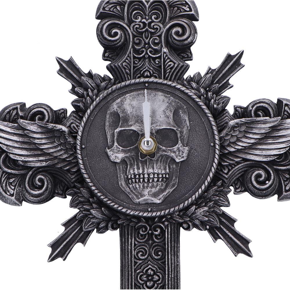 Horas Gothic Wall Clock Skull Cross Wings Silver Dark Fantasy Halloween Decor
