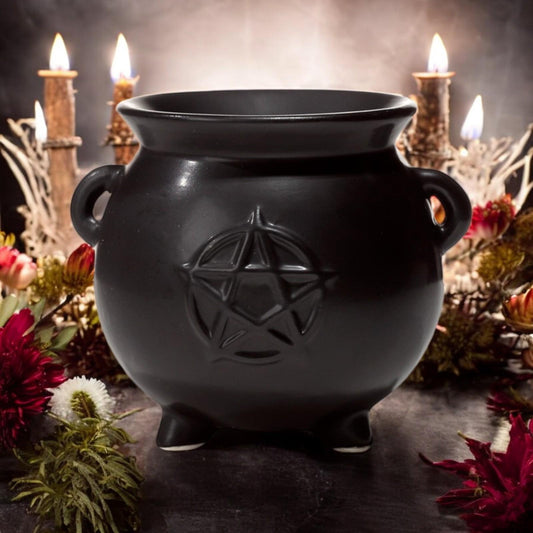 Ceramic Black Witches Cauldron Oil Burner with Pentagram - Gothic Home Decor