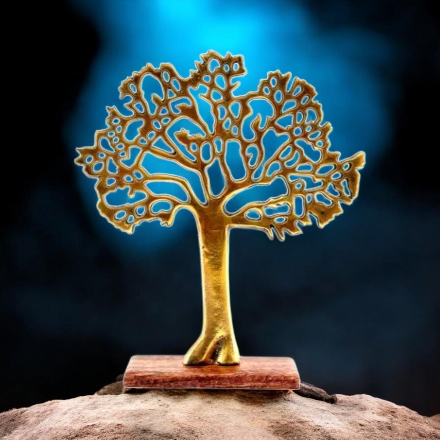 Gold Metal Tree Ornament - Decorative Tree of Life with Wooden Stand, Modern Decor