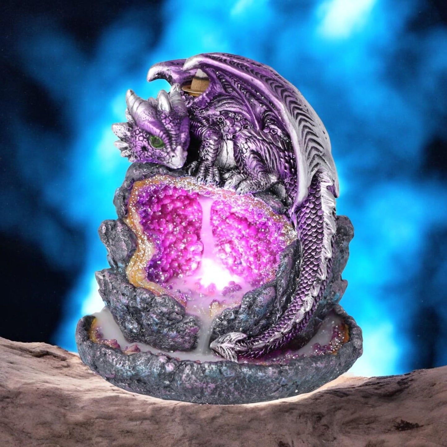 Vivid Purple Dragon Geode Incense Cone Burner – Resin Fantasy Sculpture 14cm