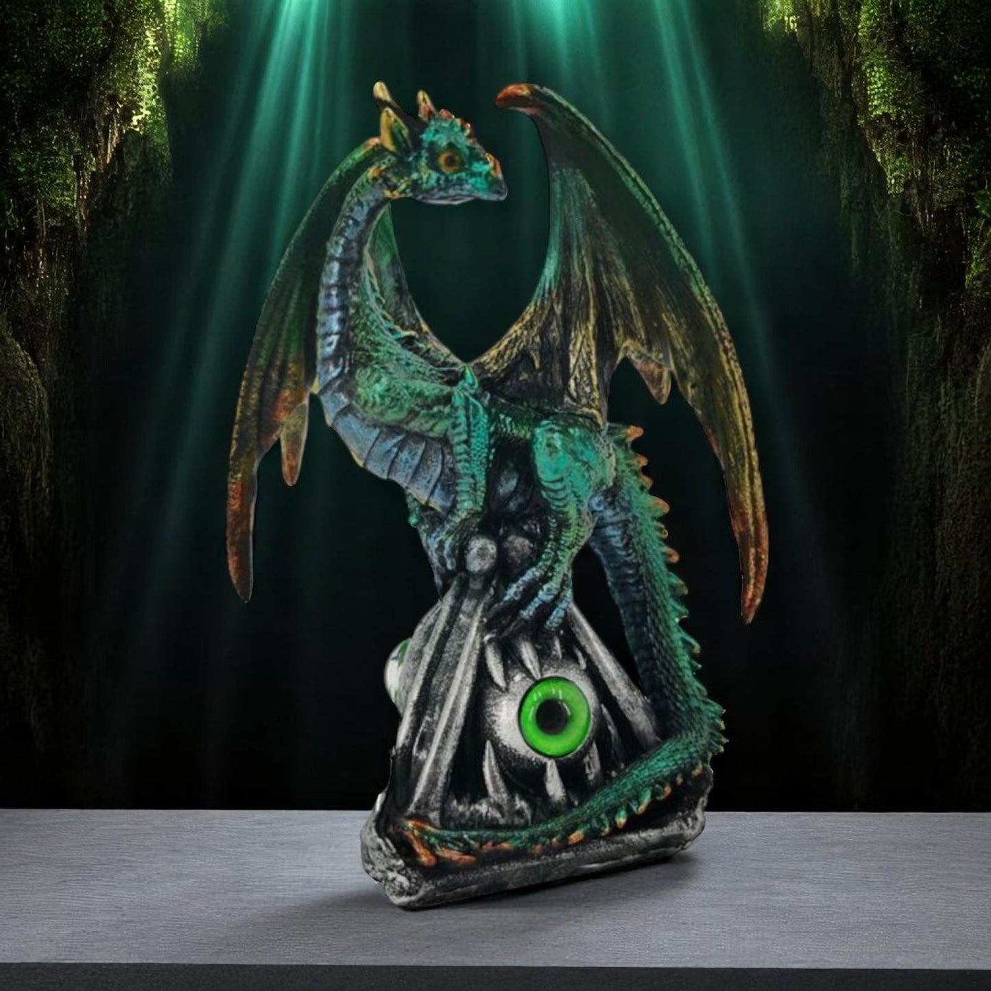 Green Dragon on Eye Claw Pedestal | Resin Gothic Figurine 10.5cm | Fantasy Gift Collectible Statue