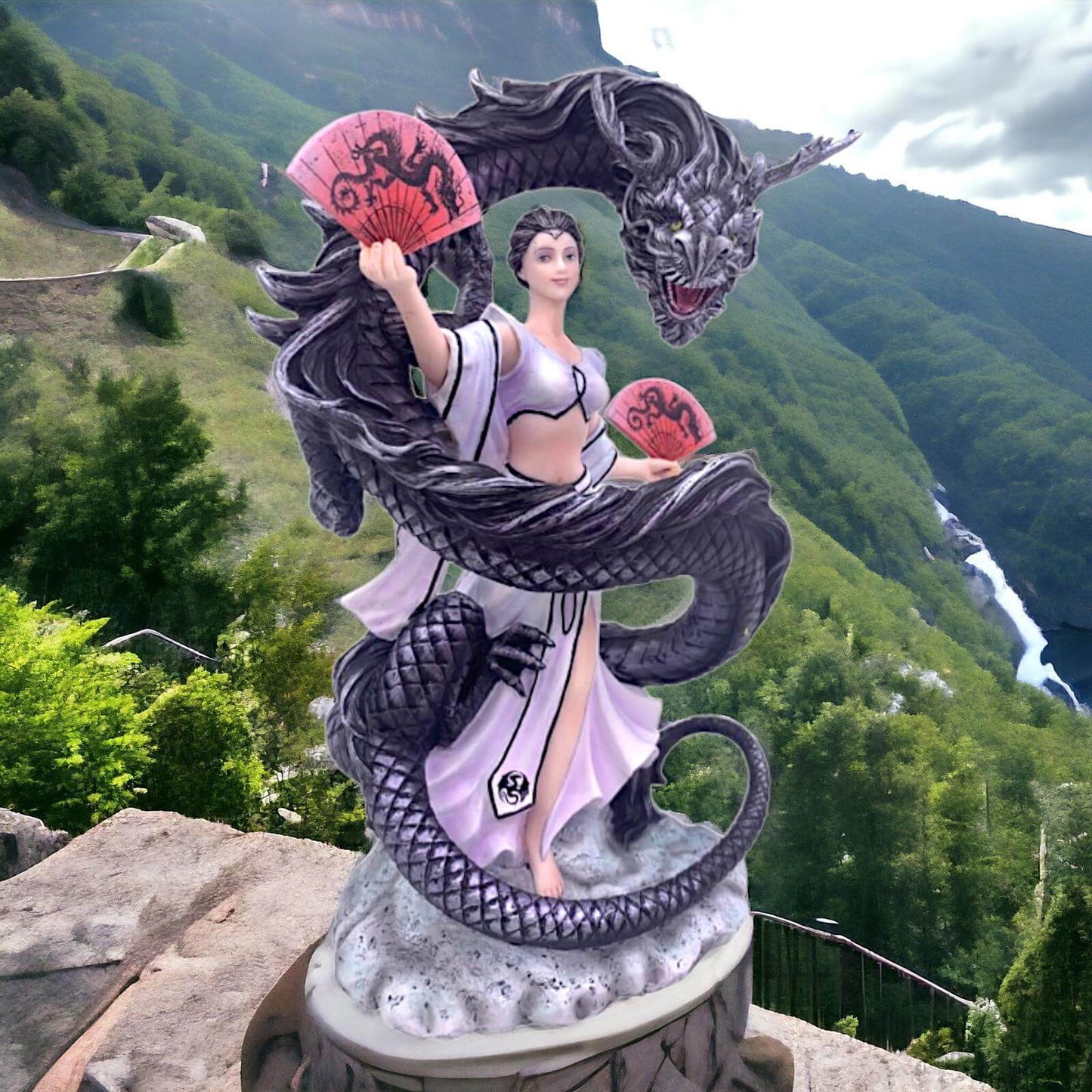 Anne Stokes Collection | Oriental Dragon Mistress Figurine | Asian-Inspired Mythical Fantasy Sculpture | Elegant Geisha with Black Dragon