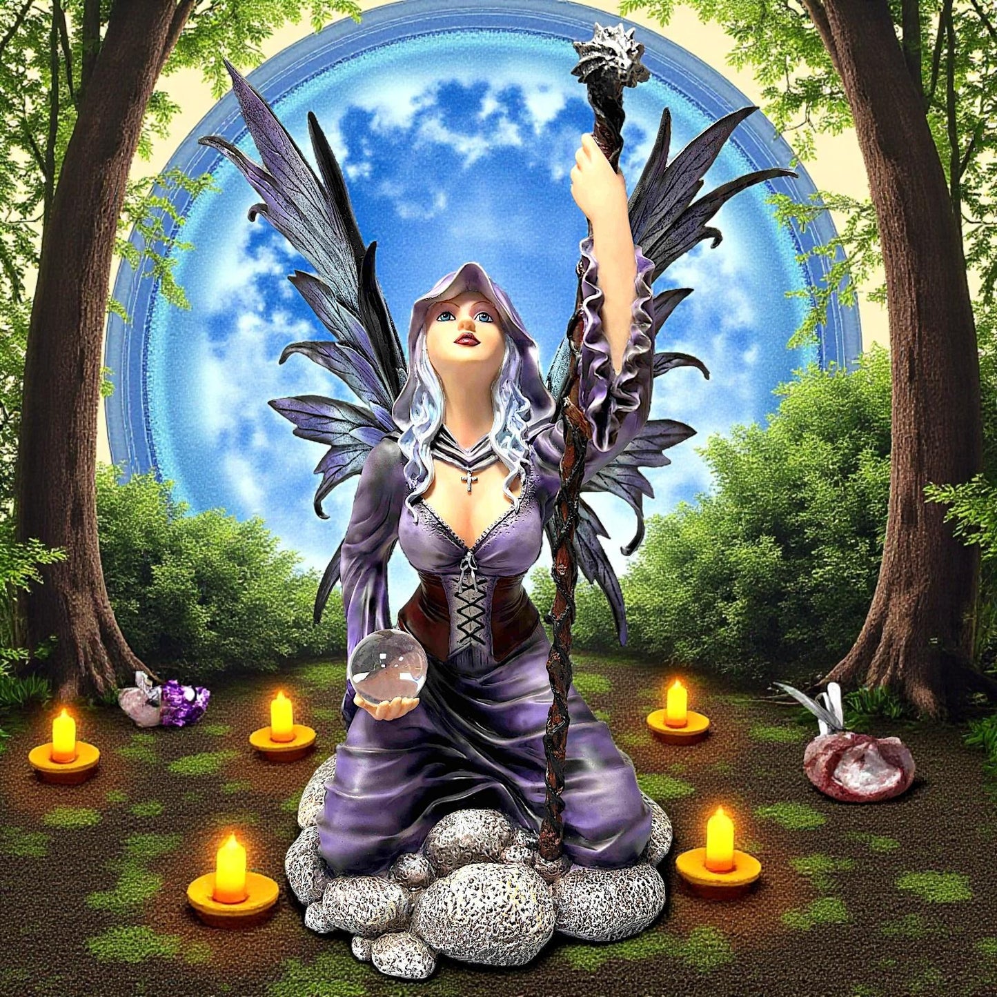 Fantasy Fairy with Staff and Orb Figurine Gothic Witch Angel Ornament Mythical Decor