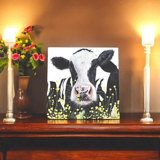 Buttercup Cow Ceramic Art Tile 20x20 cm by Pankhurst Gallery - Farmhouse Decor Ready to Hang