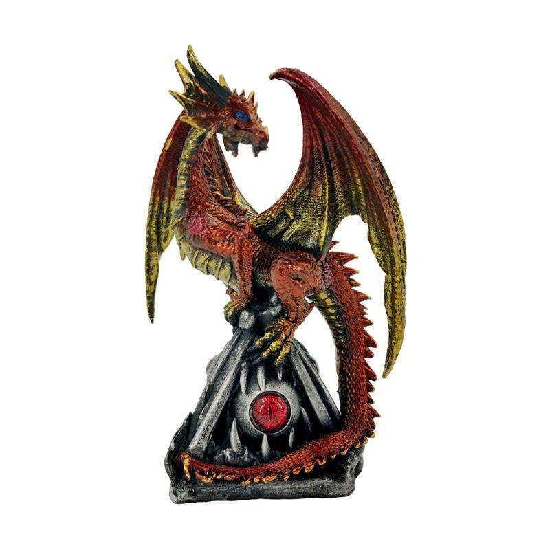 Red Gold Dragon Figurine 16.5cm | Fantasy Resin Dragon Ornament on Claw Base with Eye | Gothic Home Decor