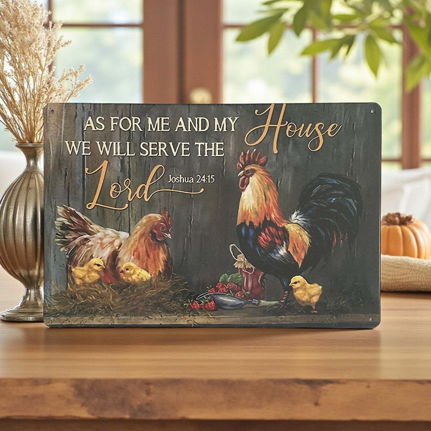 Religious Rustic Metal Sign “As For Me And My House” Farm Rooster Plaque Decor