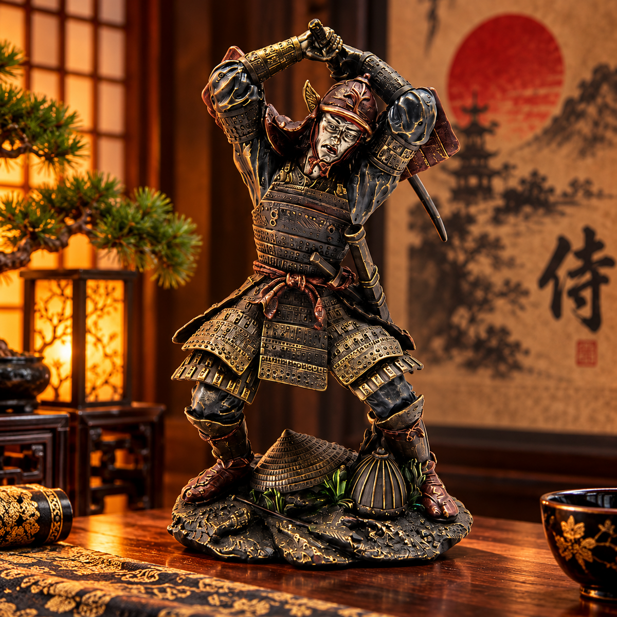 Japanese Samurai Warrior Statue 22cm Bronze Effect Oriental Figurine Ornament