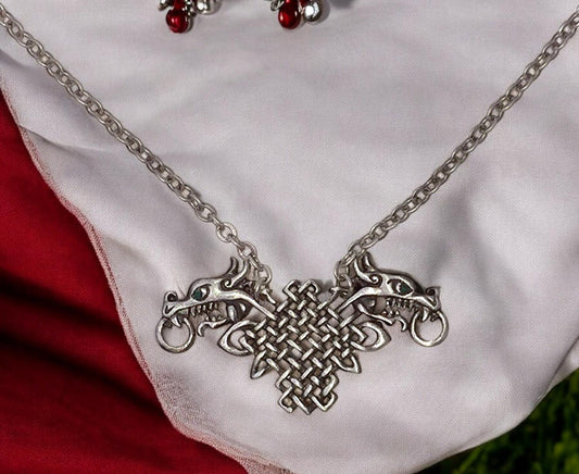 Celtic Dragon Necklace with Intricate Knotwork & Green Gemstone Eyes - 64.8 cm Chain, Mystical Celtic Jewelry