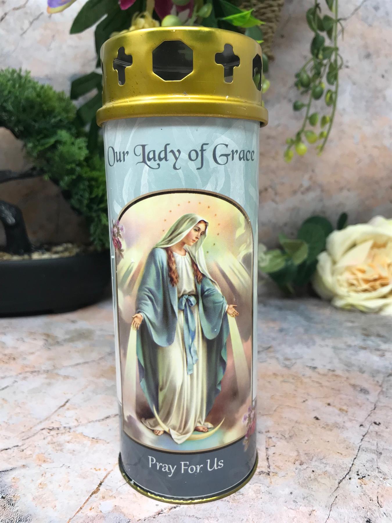 Our Lady of the Miraculous Grave Candle Windproof Cap Prayer on Reverse Religious Graveside