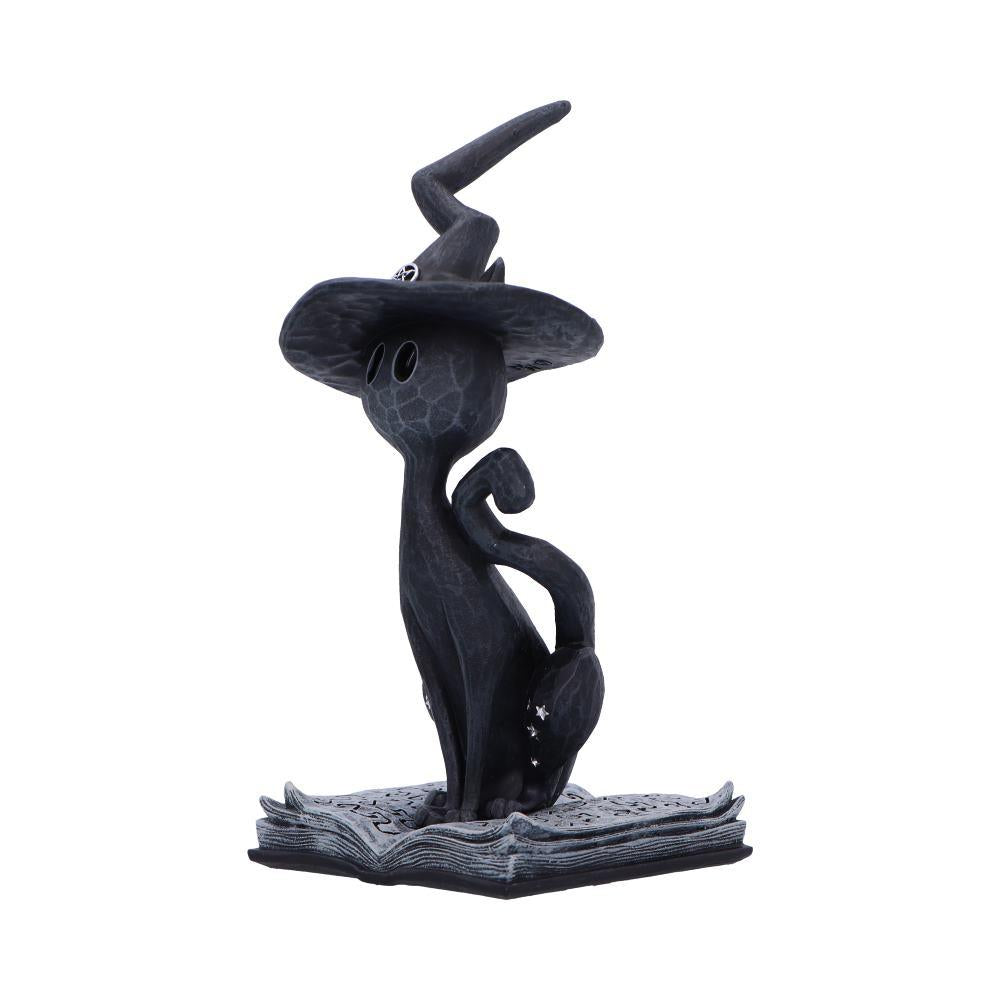 Mystical Gothic Black Cat Figurine on Open Spell Book Wiccan Altar Decor