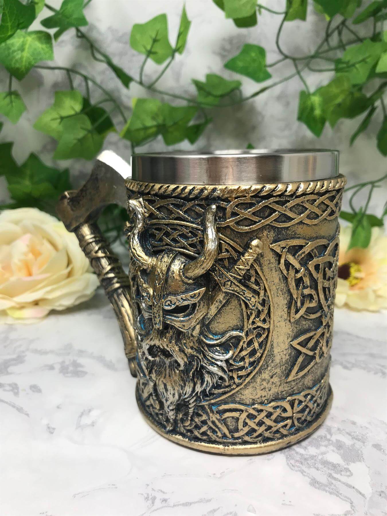 Valhalla Silver Tankard with Axe Handle Viking Warrior Drinking Cup Stein Ornament Table Decoration Norse Mythology Inspired