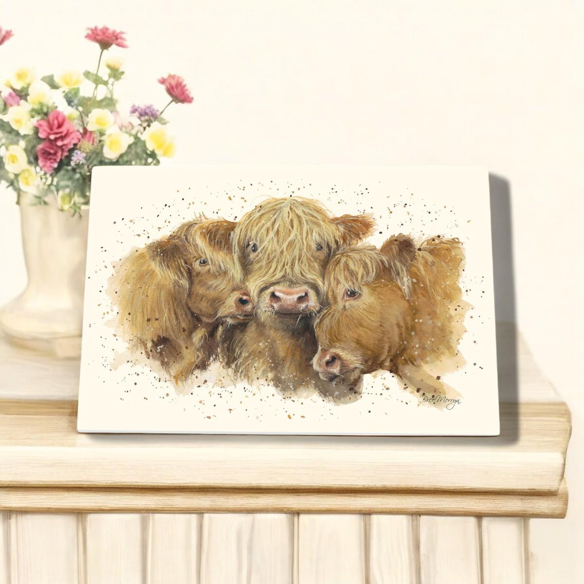 Cuddly Coos Highland Cow Ceramic Art Tile by Bree Merryn 30X20 cm | Rustic Farmhouse Wall Art Ready to Hang