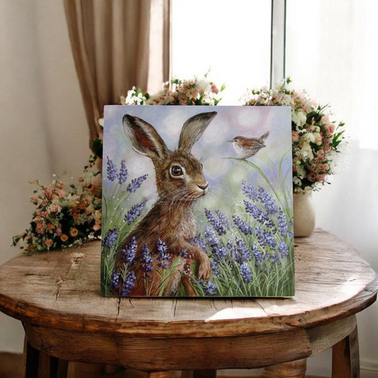 LAVENDER HARE Ceramic Art Tile by Judith Yates 20x20cm – Handcrafted, Wall Art Decor, Animal Lover Gift, Ready to Hang with Gift Box