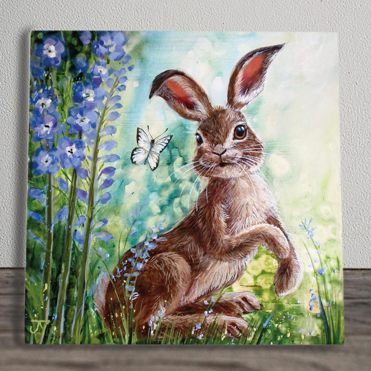 Delphinium Hare Ceramic Art Tile by Judith Yates 20x20 cm - Ready to Hang - Boxed Gift - Beautiful Hand-Painted Hare Design