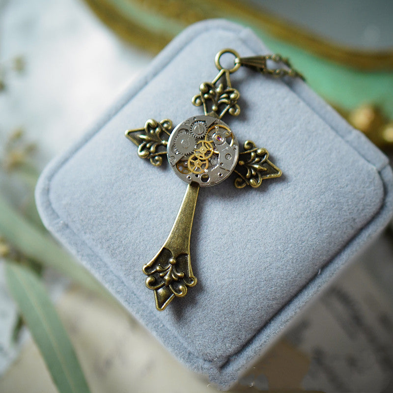 Vintage Steampunk Gear Cross Pendant Necklace