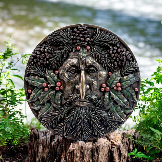 Winter Yule Green Man Wall Plaque - Resin Woodland Spirit Decor, Pagan Fantasy Art