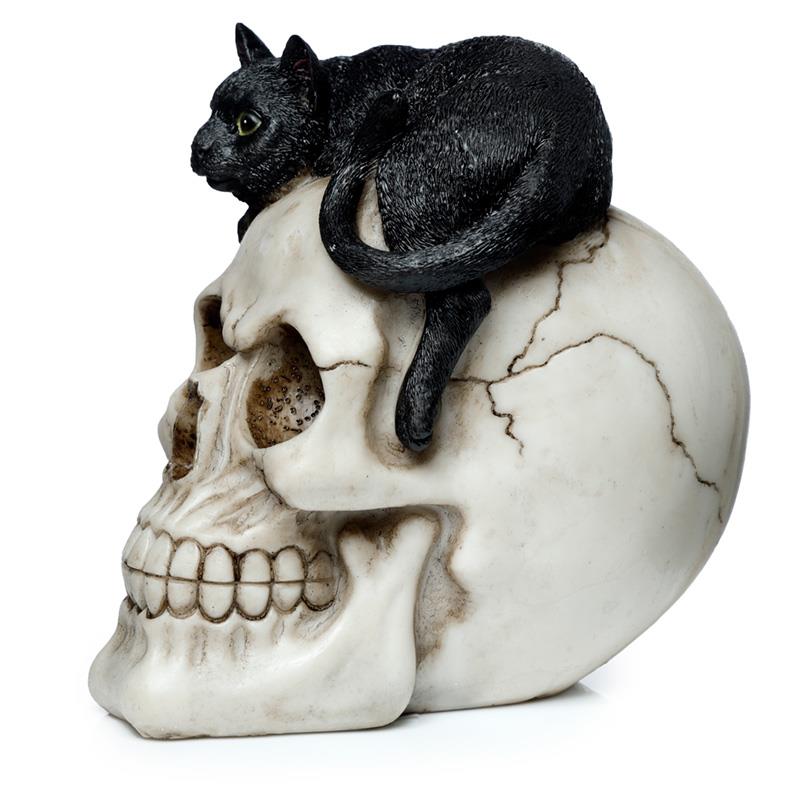 Witchcraft Black Cat on Skull Figurine Gothic Ornament Home Decor Resin Statue 14cm