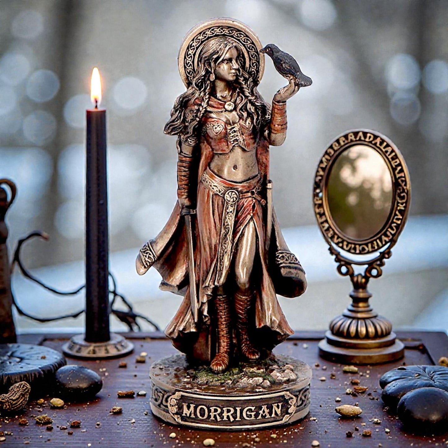 Small Morrigan Goddess Figurine Celtic War Deity Crow Statue Pagan Mythology