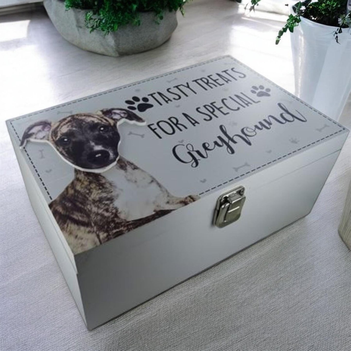 Greyhound Treat Box - Wooden Dog Storage Box for Tasty Treats