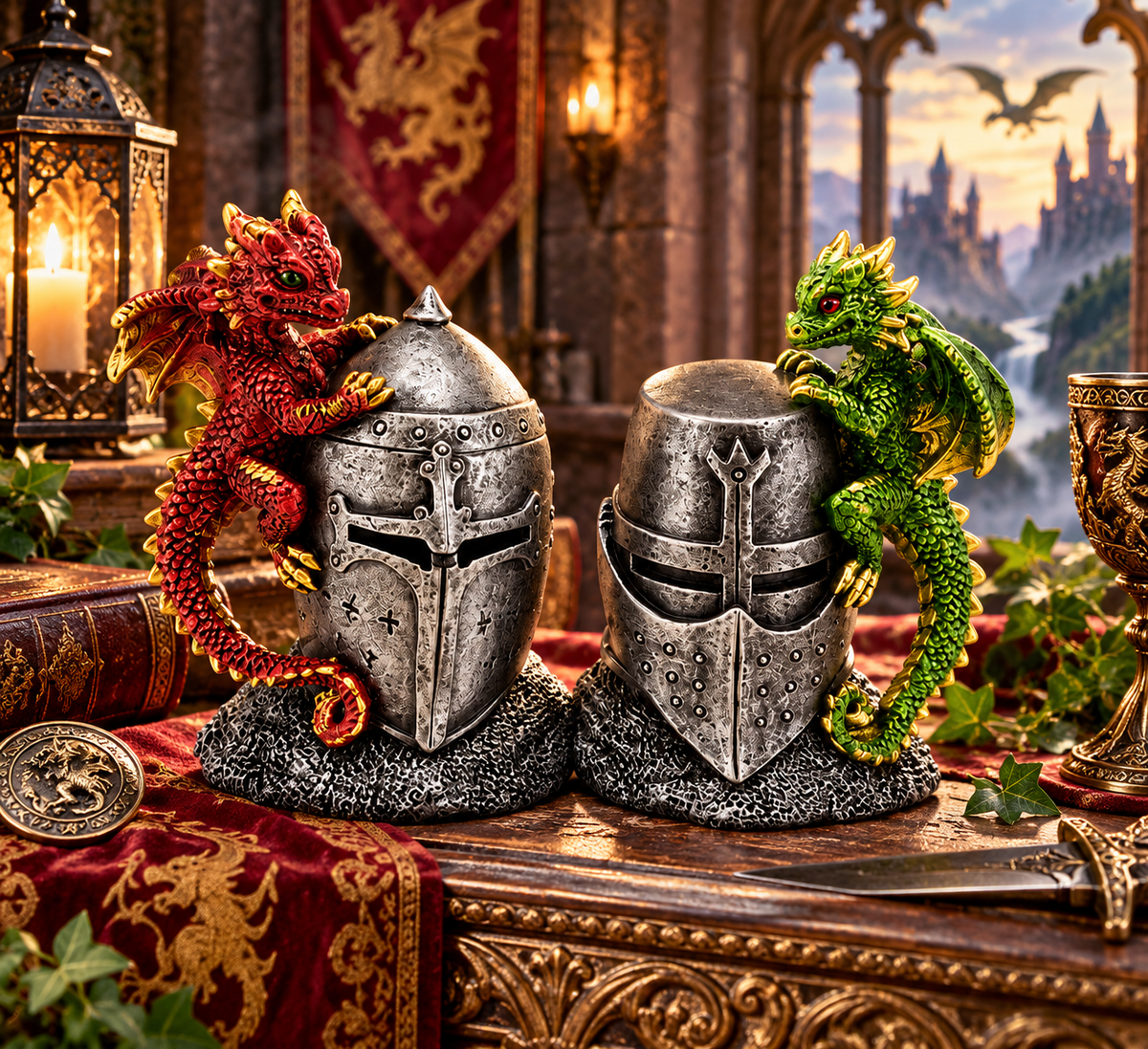Dragon Knight Helmet Figurines Medieval Armour Fantasy Gothic Ornaments Decor