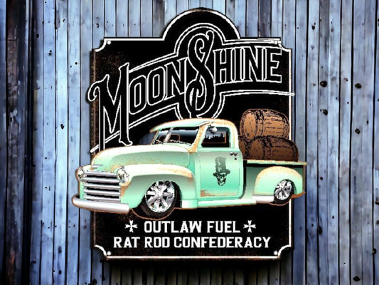 Vintage Moonshine Outlaw Fuel Metal Wall Sign - Rat Rod Confederacy Truck Decor, Retro Automotive Art, Classic Americana Display, 40x38cm-Osiris Craftworks