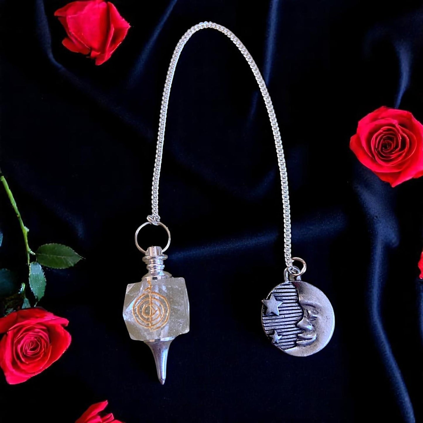 Quartz Crystal Reiki Pendulum with Cho Ku Rei & Lunar Star Moon Charm Spiritual Tool
