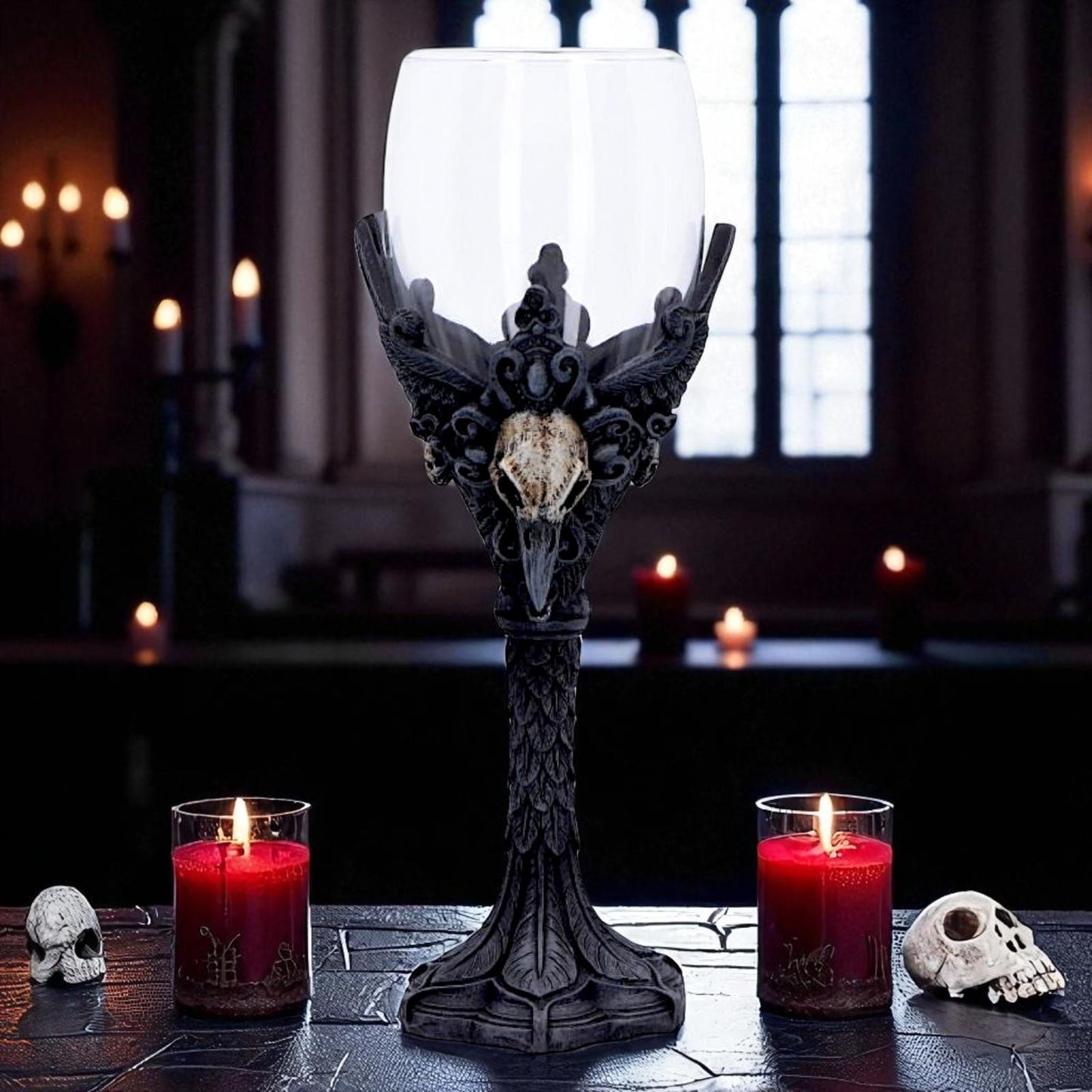 Fantasy Gothic Raven Chalice Goblet Skull Wing Design Drinkware Halloween Gift