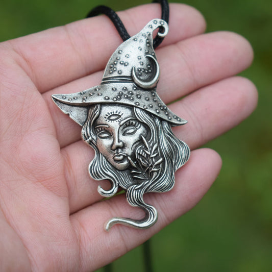 Vintage Long Hair Witch Necklace Sun Moon Witch Pendant