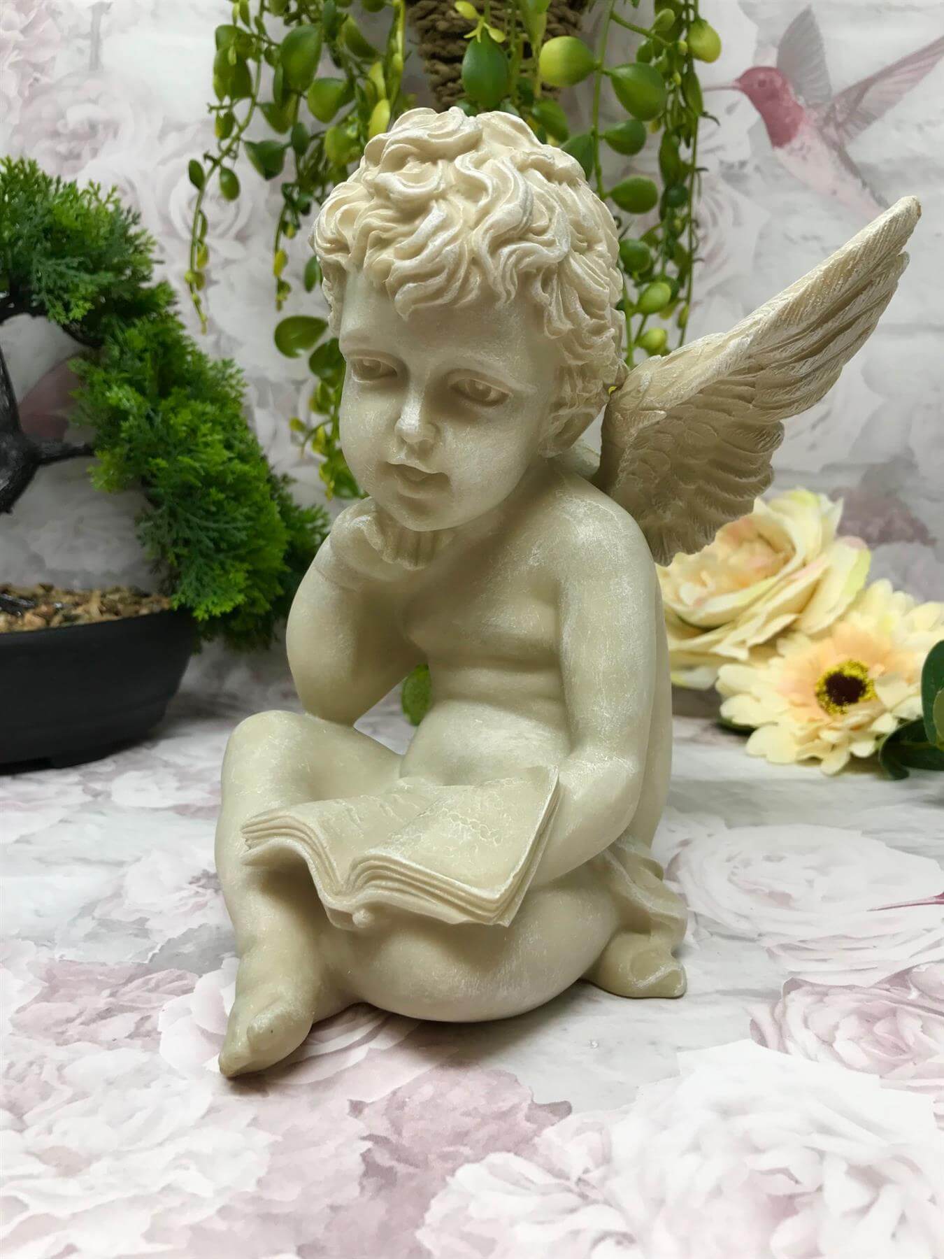 Reading Cherub Guardian Angel with Book Figurine, Tranquil Cherub Statue, Memorial Garden Ornament, Serene Inspirational Graveside Decor