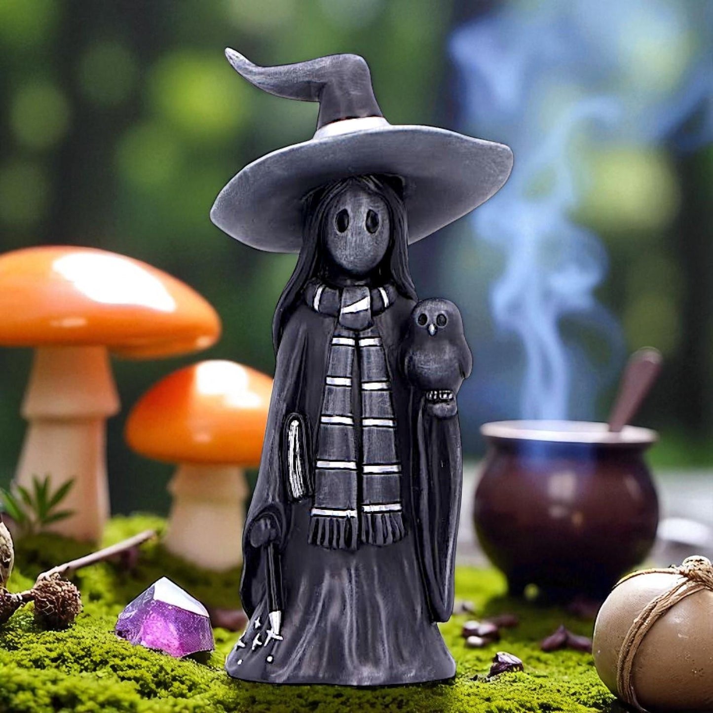 Little Souls Gleam Gothic Figurine Black Coat, Spell book & Owl Wiccan Altar Decor