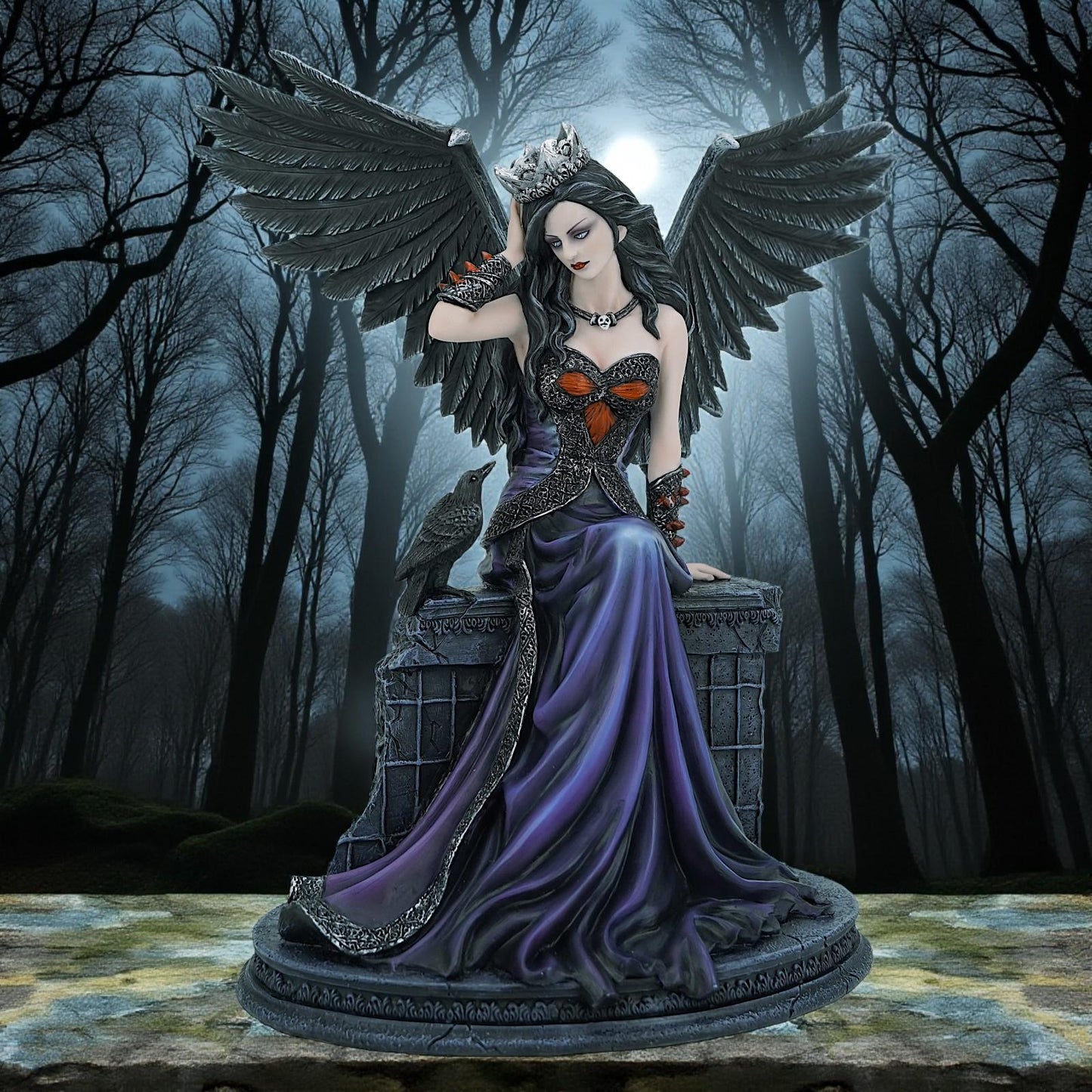 Gothic Dark Angel Figurine with Crown Raven Resin Statue Fantasy Ornament 31cm