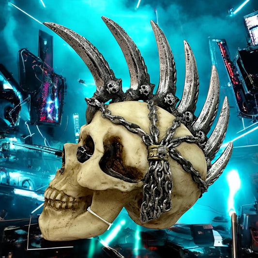 Gothic Skull Figurine with Blade Mohawk - Resin Skeleton Ornament Fantasy Decor