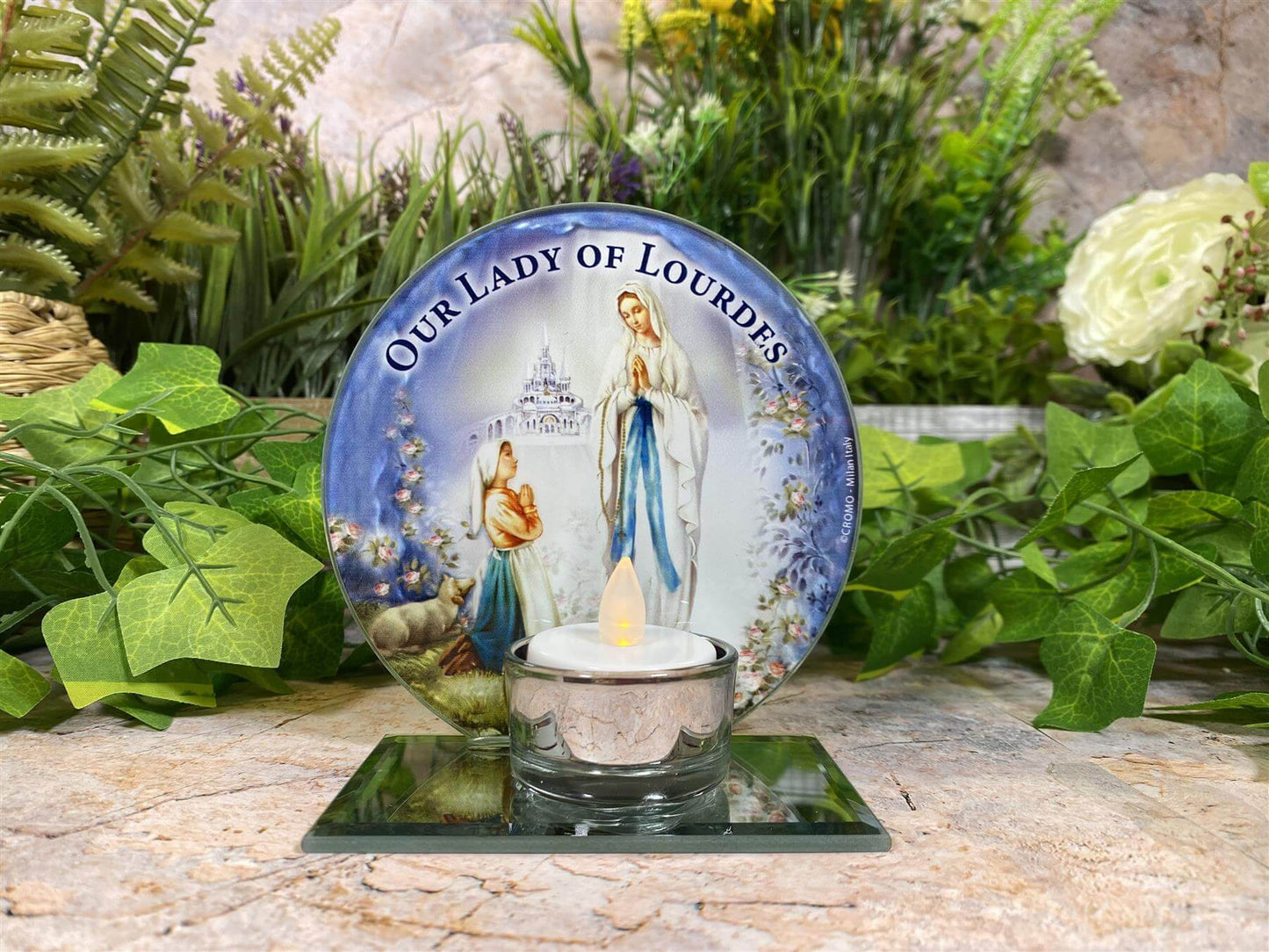 Beautiful Glass Votive Light Holder with Our Lady of Lourdes Catholic Gift