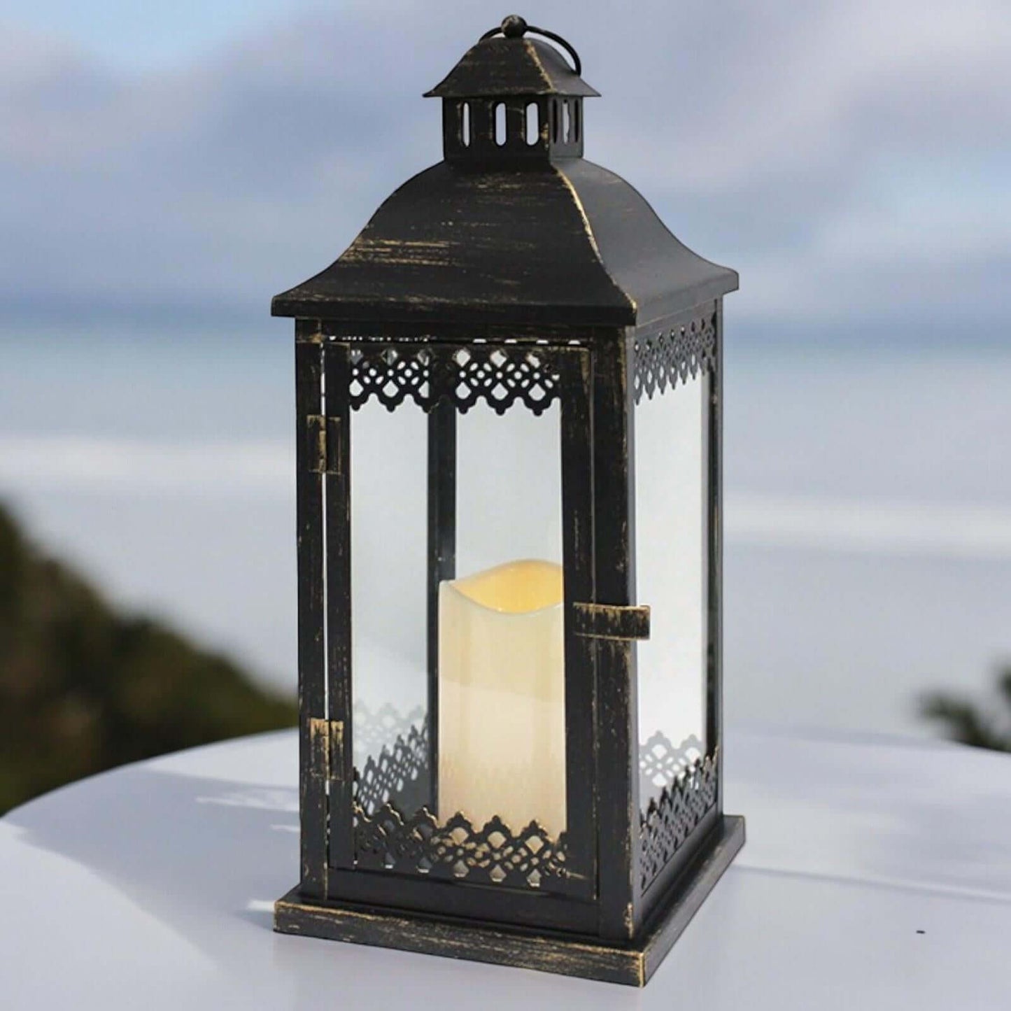 Elegant Metal and Glass Outdoor Lantern with Fixed LED Candle and Timer - 40 CM - Batteries Included-Osiris Craftworks