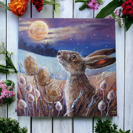 Judith Yates 'Moonlight Hare' Ceramic Wall Art Tile - 20x20 cm Hare Artwork, Whimsical Wildlife Decor